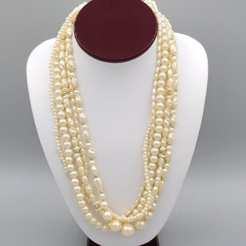 Womens Cream Multi Strand Simulated Pearl Necklace Gold Bead Spacer 20 in
